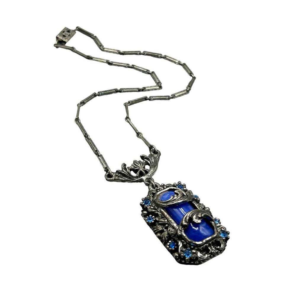 Vintage 1940s Necklace SELRO STYLE Blue Plastic Rhinestones & Silver Tone Chain